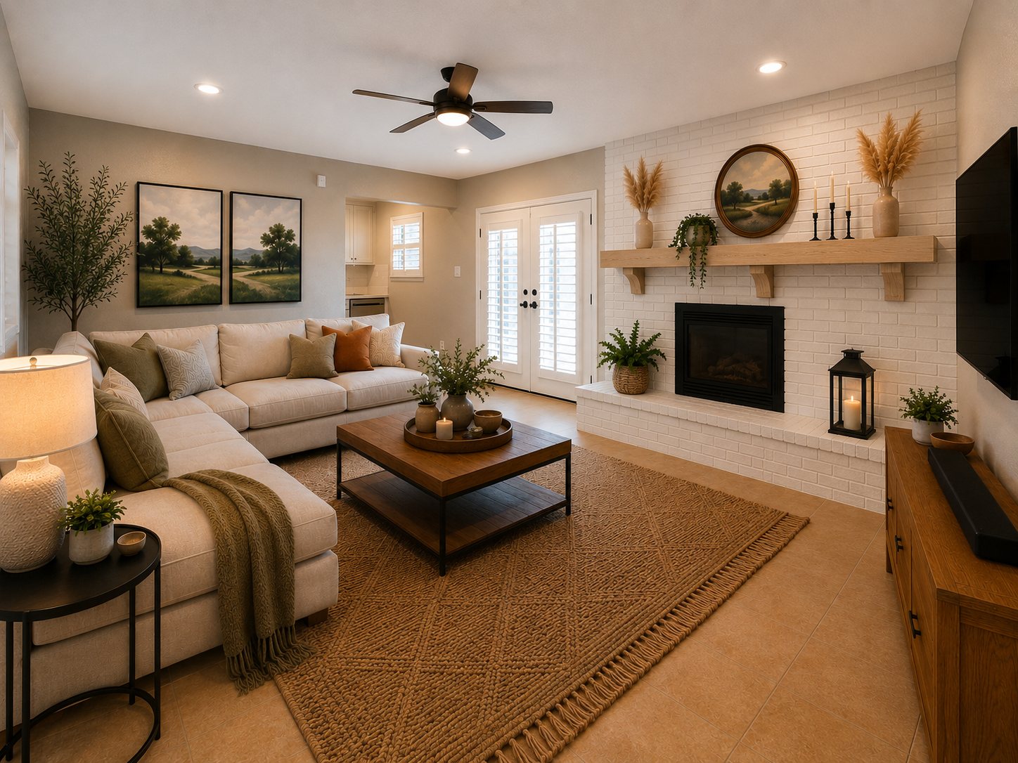 Bright, remodeled open-concept living room at 2021 Sandy Trail with painted-brick fireplace, warm wood accents, and neutral tile flooring.